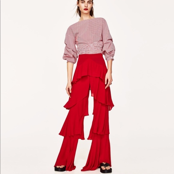 Zara Pants - Zara Woman Red tiered ruffle long dress pants
